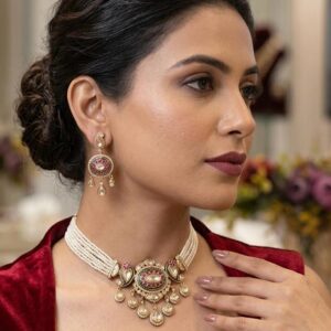 White Pearl Layered Choker Set with Embellished Kundan Pendal