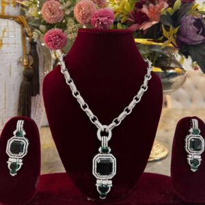 Vintage-Inspired Double Halo Onyx & Emerald Pendant Set