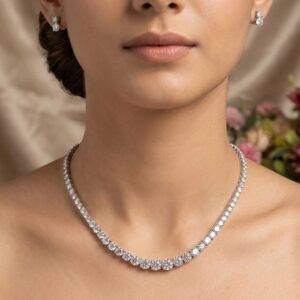 Classic Silver-Rhodium Plated Single Line American Diamond Tennis Necklace