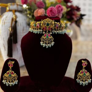 Matte Gold-Plated Antique Peacock Temple Choker Necklace Set with Kemp Stones and Pearl Drops