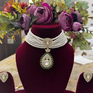 Royal Multi-Strand Pearl Choker Necklace with Kundan Polki & Emerald Tear-Drop Pendant
