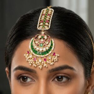Gold-Plated Emerald Green Meenakari & Kundan Maang Tikka