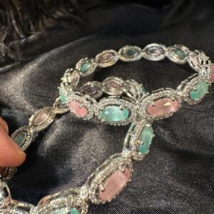 Rhodium-Plated Pastel Pink and Mint Green American Diamond Studded Bangle