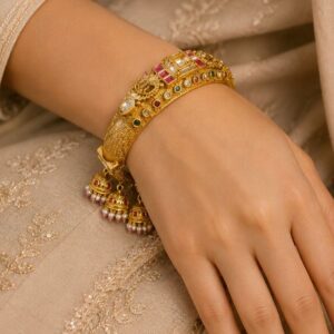 Gold Plated Antique Kundan Kada Bangle with Hanging Pearl Jhumka Latkan