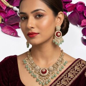 Royal Antique Kundan Choker Necklace & Earring Set with Mint Green Beads