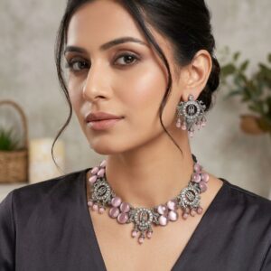 Boho-Chic Silver Oxidized Floral Choker & Stud Earring Set