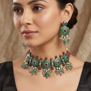 Vibrant Hexagonal Emerald Enamel Kundan Choker & Earring Set