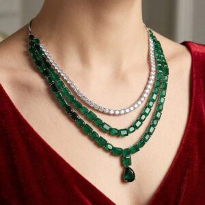 Regal Multi-Layered American Diamond & Emerald Green Bead Festoon Necklace