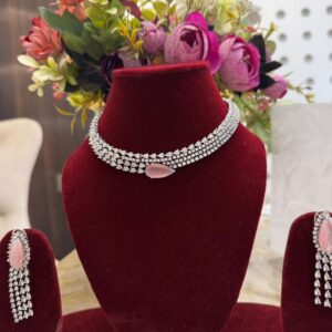 Glamorous American Diamond Choker & Long Drop Earring Set with Rose Pink Morganite Drop