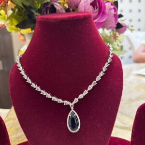 Silver American Diamond Necklace with Teardrop Sapphire Blue Pendant