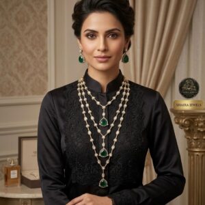 Royal Three-Tier Uncut Polki and Deep Emerald Green Drop Layered Necklace