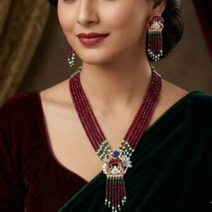 Multi-Strand Maroon Ruby Beads Mala Necklace with Kundan Meenakari Pendant Set