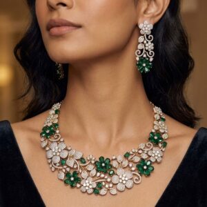 Silver-Plated Cubic Zirconia and Emerald Green 3D Floral Bridal Choker Set