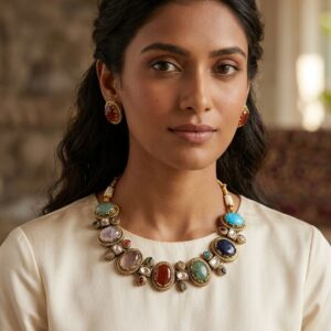 Sabyasachi-Inspired Heritage Antique Gold Multi-Gemstone Cabochon Collar Set