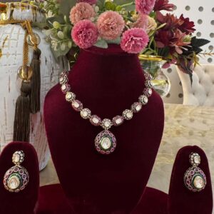 Heritage Gold-Plated Uncut Kundan Polki Necklace Set with Ruby Pink Border