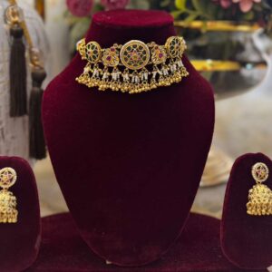 Rajwadi Gold-Plated Kundan Jadau Choker Set with Pearl Cluster Hanging and Matching Jhumkas