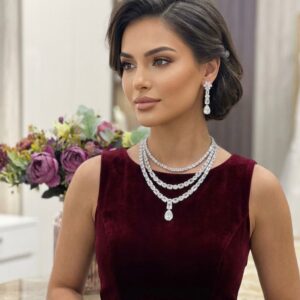 Silver Multi-Layered Geometric Diamond Replica Bridal Jewelry Set