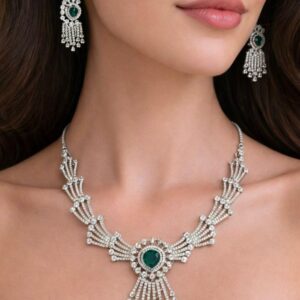 Deco Silver Geometric Fan Collar Necklace with Blue Sapphire Center & Matching Chandelier Earrings Set