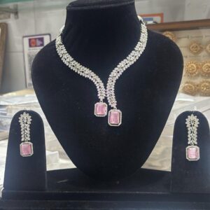 Luxury Silver Finish American Diamond Y-Necklace Set with Pastel Pink Radiant-Cut Center Stones & Drop Earrings