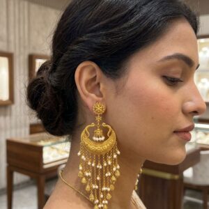 Antique Gold Chandbali Earrings with Jhumka Drop & Pearl Strings