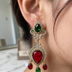 Silver-Plated Victorian-Finish Two-Tone Drop Earrings with Emerald Green & Ruby Red Stones