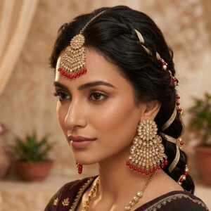 Gold-Plated Heavy Kundan Chandelier Earrings with Maroon Red Bead Droplets