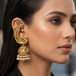 Antique Gold-Plated Peacock Motif Kaanphool Ear Cuff Jhumka Earrings with Pearl Drops