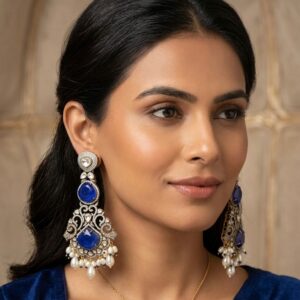Silver-Plated Oxidized Chandelier Earrings with Royal Blue Stones & Pearl Clusters