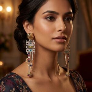 Gold-Plated Kashmiri Dejhoor Shoulder Duster Earrings with Emerald Green Stones & Chain Tassels