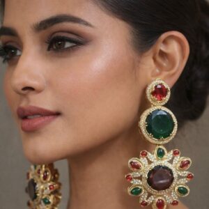 Gold-Plated Navratna-Inspired Multi-Stone Statement Drop Earrings with Kundan Borders