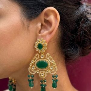 Gold-Plated Traditional Kundan Chandelier Earrings with Emerald Green Cabochons and Beaded Droplets
