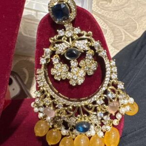 Oversized Gold-Plated Royal Kundan Chandbali Earrings with Multi-Gemstone Beaded Tassels