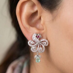 Elegant Silver Peacock Stud Earrings with Ruby Accent & Mint Drop