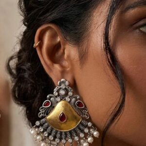 Vintage Oxidized Silver Tribal Statement Earrings with Pearl Ghungroo Drops