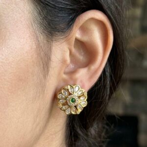 Floral Kundan Stud Earrings with Green Centerpiece