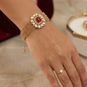 Vintage Antique Gold Mesh Bracelet with Ruby Red & Pearl Statement