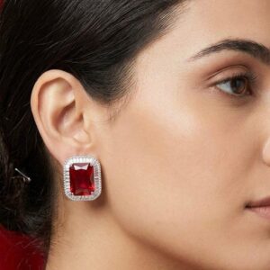 Elegant Square Emerald-Cut Ruby Red Stud Earrings