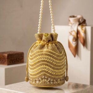 Golden Zardosi and Pearl Embroidered Festive Potli