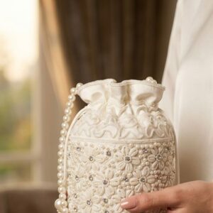 White Floral Hand-Embroidered Potli Bag with Crystal and Pearl Accents