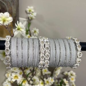 Silver Shimmer Bangle Set with Stone-Encrusted Kadas