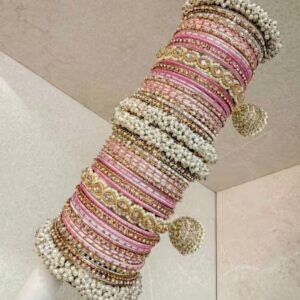 Pastel Pink Pearl-Embellished Kundan Bangle Stack