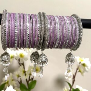 Pastel Lilac Diamond-Dust Bangle Stack with Latkan Charm