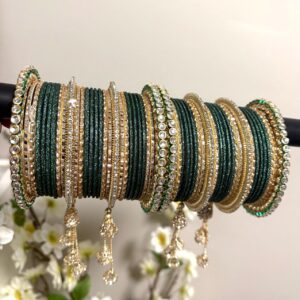 Emerald Green and Antique Gold Wedding Bangle Set with Statement hanging Latkans