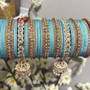 Aqua Blue Bangle Set with Pearl Kadas & Jhumki Latkans