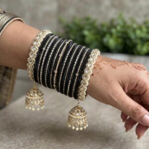 Midnight Black Mirror Bangle Set with Pearl Kadas & Jhumki Latkans