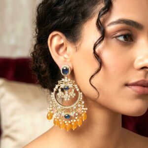 Oversized Gold-Plated Royal Kundan Chandbali Earrings with Multi-Gemstone Beaded Tassels
