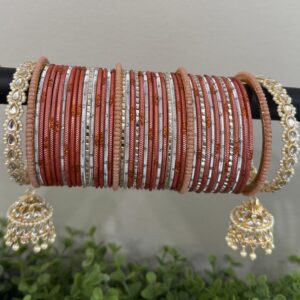 The Latkan Blossom Bangle Set – Peach-Orange Stack with Hanging Jhumkas