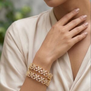 Sparkling Floral Marquise Cubic Zirconia Gold-Plated Bangles (Set of 2)