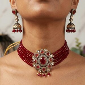 Maroon Multi-Strand Seed Bead Choker with Kundan Pendant and Jhumkas