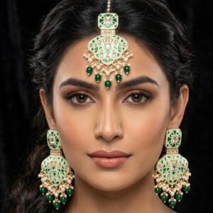 Green Meenakari Bridal Maang Tikka and Statement Earrings Set